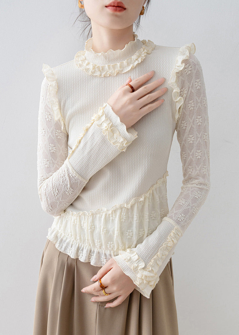 Beige Ruffled Jacquard Lace Blouses Spring