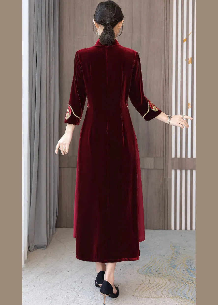 Mulberry Embroideried Side Open Velour Dresses Vestidos Bracelet Sleeve