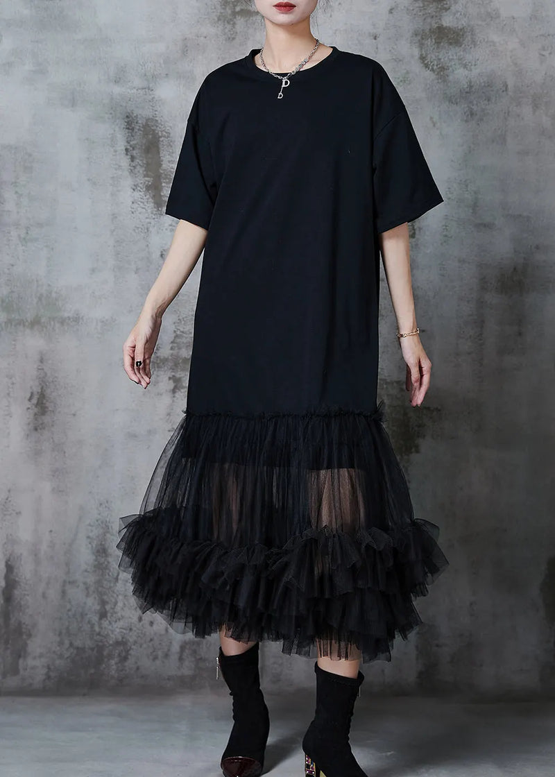 Black Oversized Patchwork Cotton Party Dress Summer
