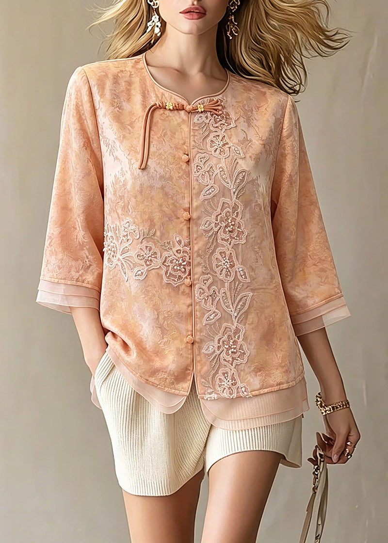 Orange Embroidered Patchwork Button Shirts Spring