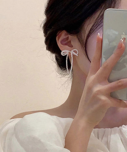 White Alloy Pearl Butterfly Tassel Drop Earrings