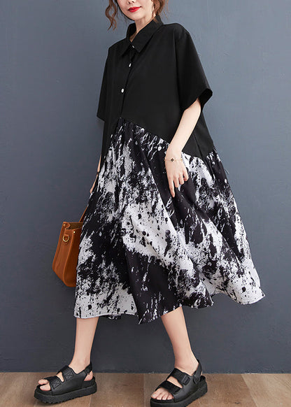 Black Peter Pan Collar Button Asymmetrical Print Shirt Dress Short Sleeve