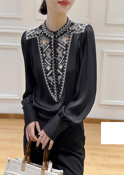Black O-neck Hollow Out Button Silk Shirt Long Sleeve