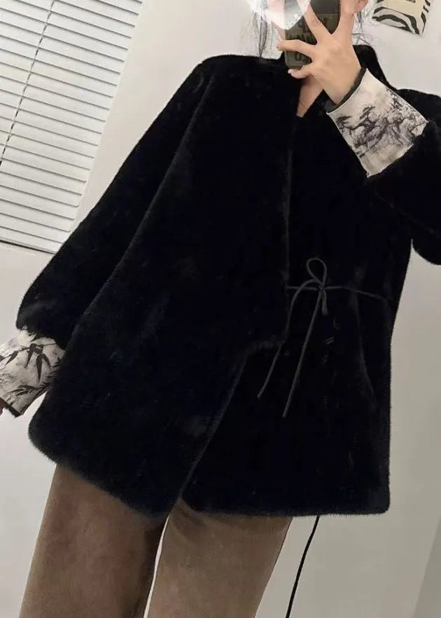 Style Black V Neck Tie Waist Patchwork Leather and Fur Coats Winter