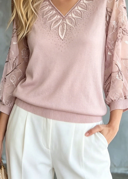 Pink Embroidered Zircon Knit Top Bracelet Sleeve