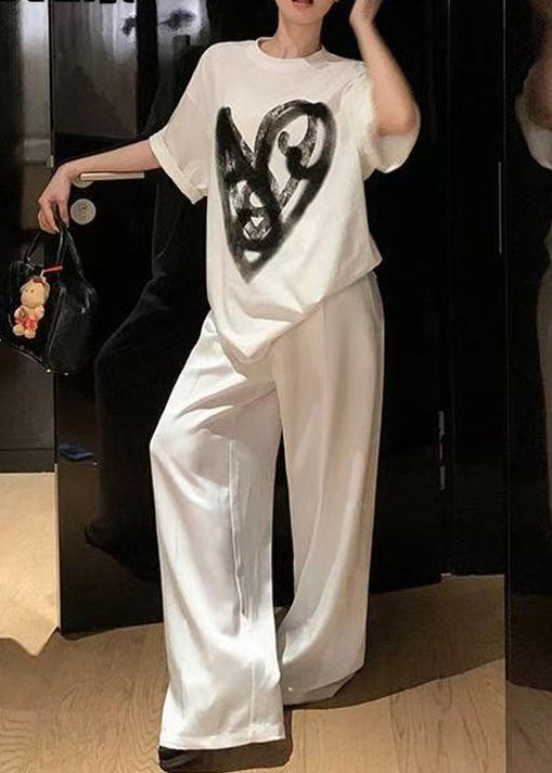 White Oversized Print Cotton Two Pieces Set Summer