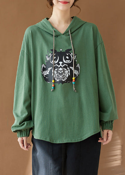 Green Hooded Print Side Open Cotton Top Fall