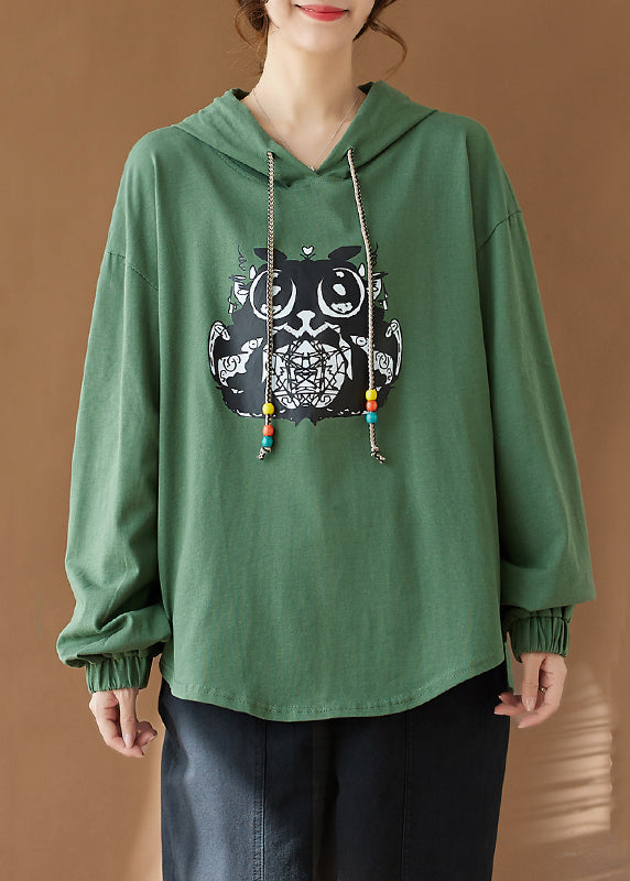 Green Hooded Print Side Open Cotton Top Fall