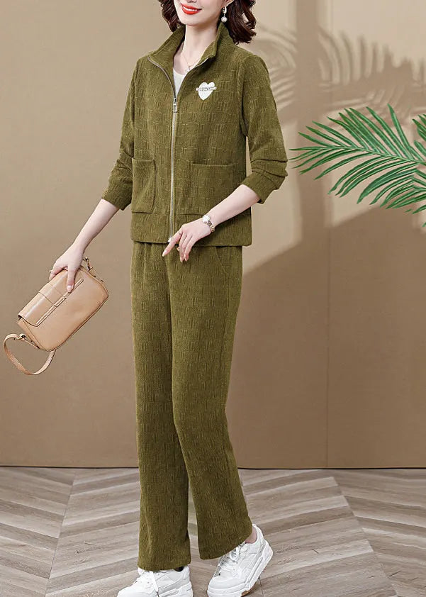 Ginger Stand Collar Coats and Wide Leg Pants Two Pieces Set Fall