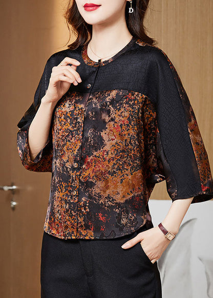 Yellow Print O-neck Button Patchwork Silk Shirt Tops Bracelet Sleeve