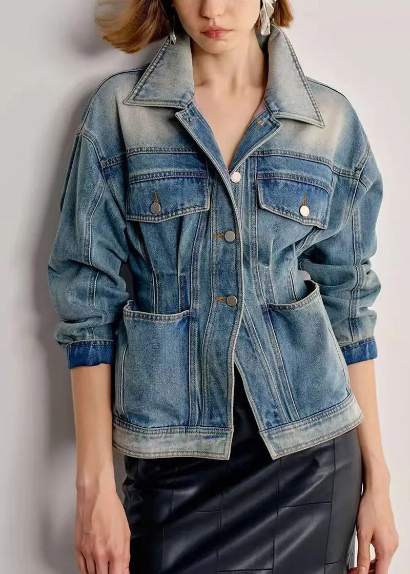 Italian Gradient Color Peter Pan Collar With Pockets Denim Coats Fall