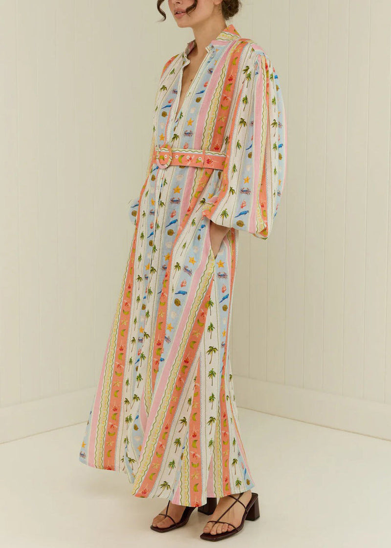 Peter Pan Collar Print Sashes Cotton Dress Long Sleeve