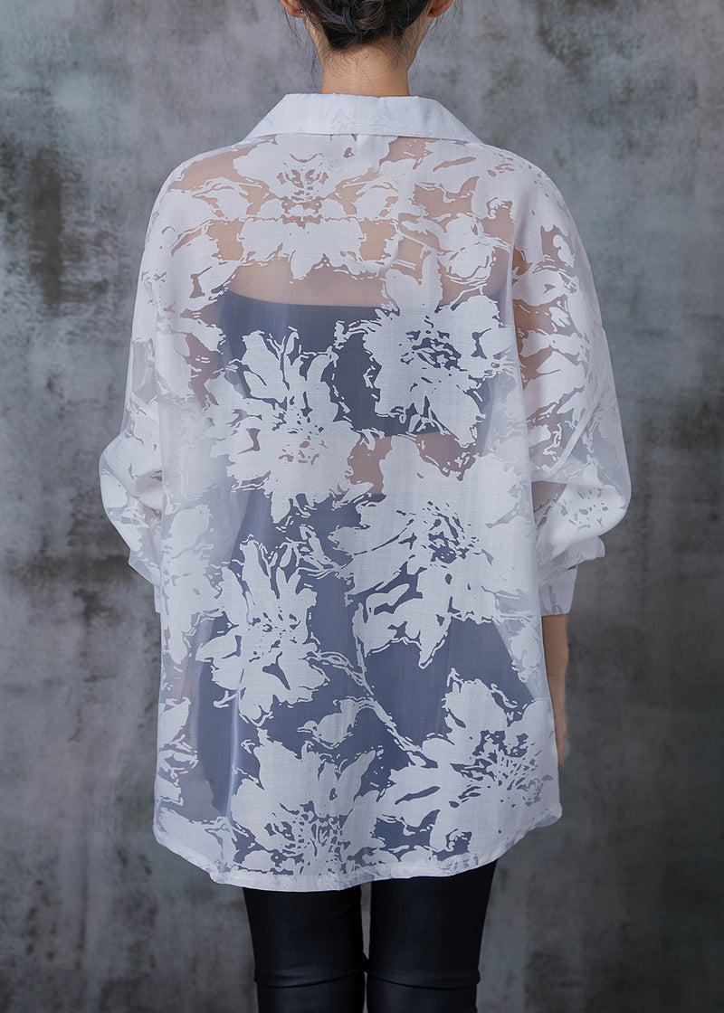 Stylish White Oversized Print Chiffon Upf 50+ Top Summer