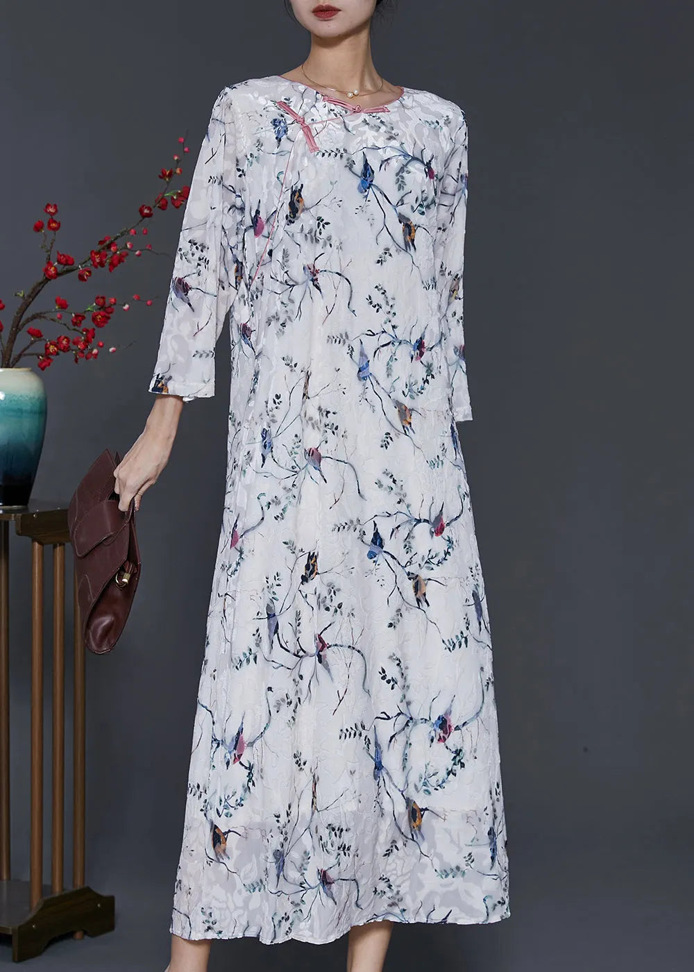 White Chinese Button Print Silk Velour Dress Spring