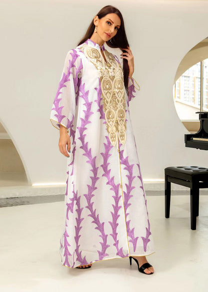 Purple Stand Collar Striped Patchwork Tulle Maxi Dresses Long Sleeve