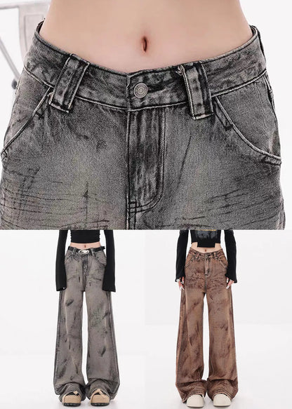 Grey Pockets High Waist Denim Fall Wide Leg Pants Tie Dye
