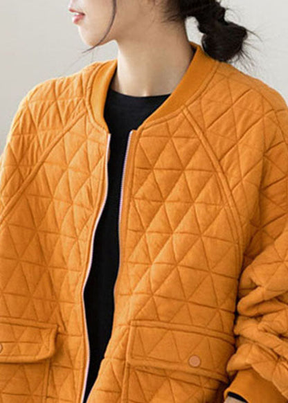 Modern Yellow O-neck Pockets Plaid Patchwork Fleece Coat Fall