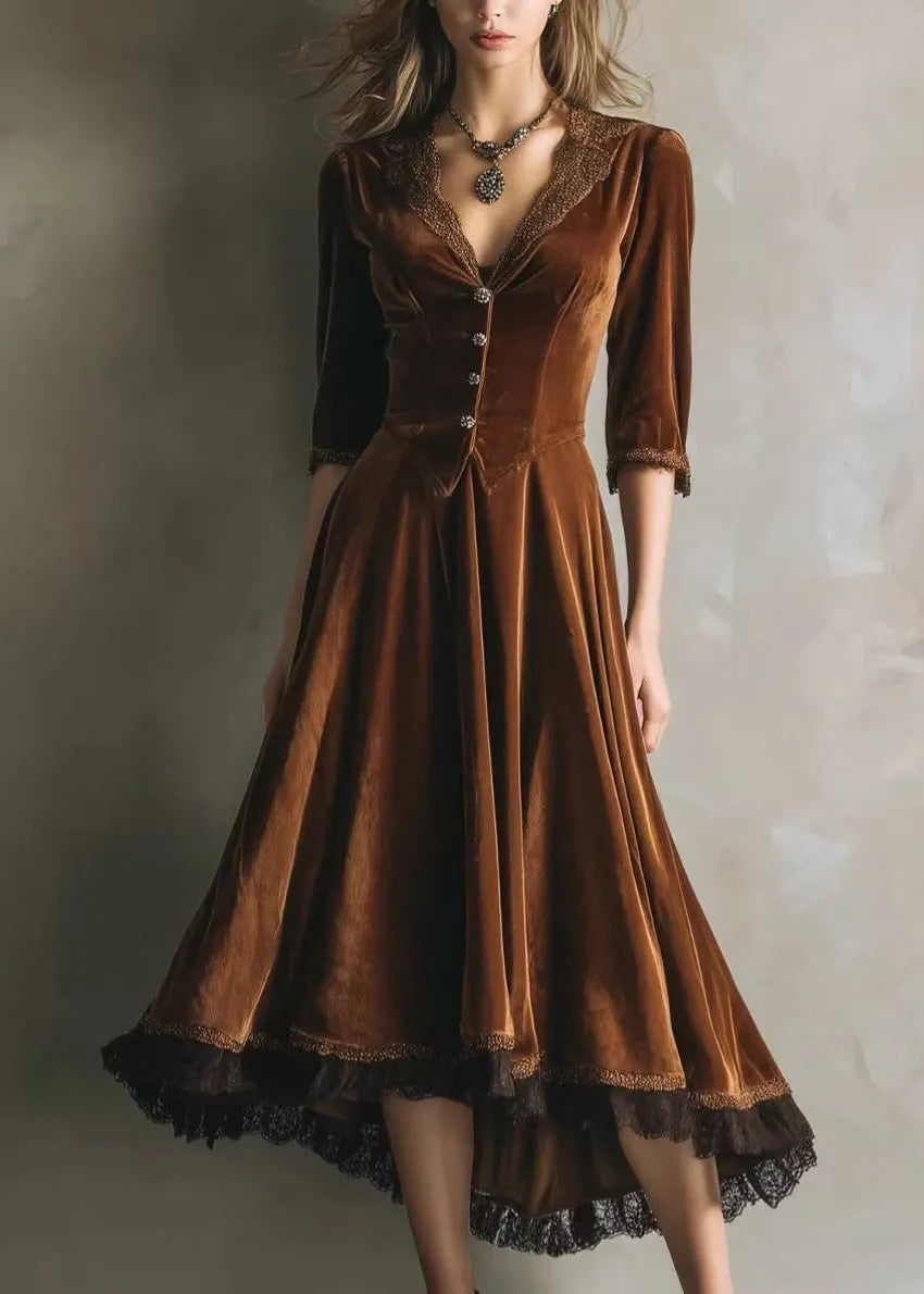 French Chocolate V Neck Lace Patchwork Silk Velvet Long Dress Half Sleeve