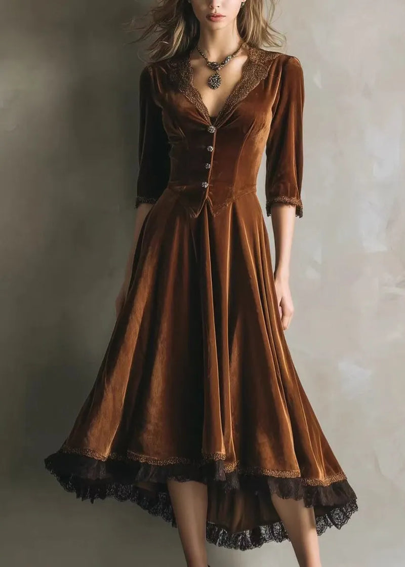 French Chocolate V Neck Lace Patchwork Silk Velvet Long Dress Half Sleeve