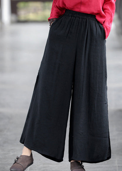 Black Elastic Waist Side Open Double-deck Linen Wide Leg Pants Summer