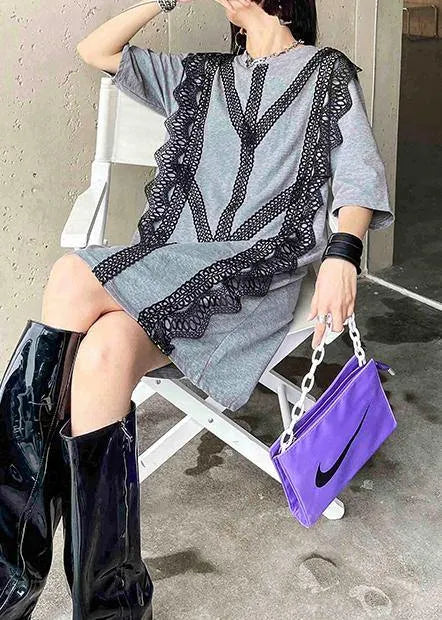 Organic Grey Cotton Patchwork Lace Summer Ankle Dress