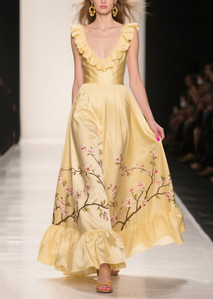 Yellow Ruffles Print Silk Vestidos Dress Summer