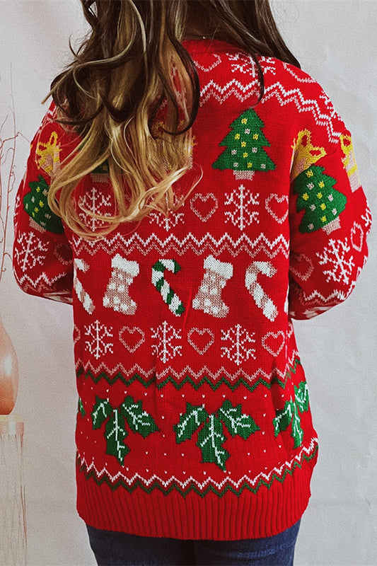 Christmas Pattern Knit Crew Neck Long-Sleeve Sweater