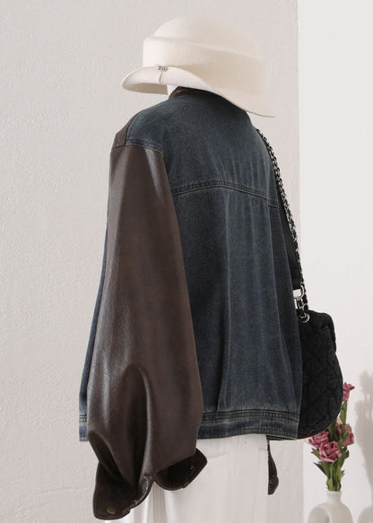 O Neck Pockets Faux Leather Patchwork Denim Coat Fall