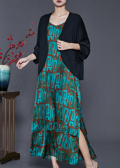 Peacock Green Print Cotton Two Piece Suit Set Spring