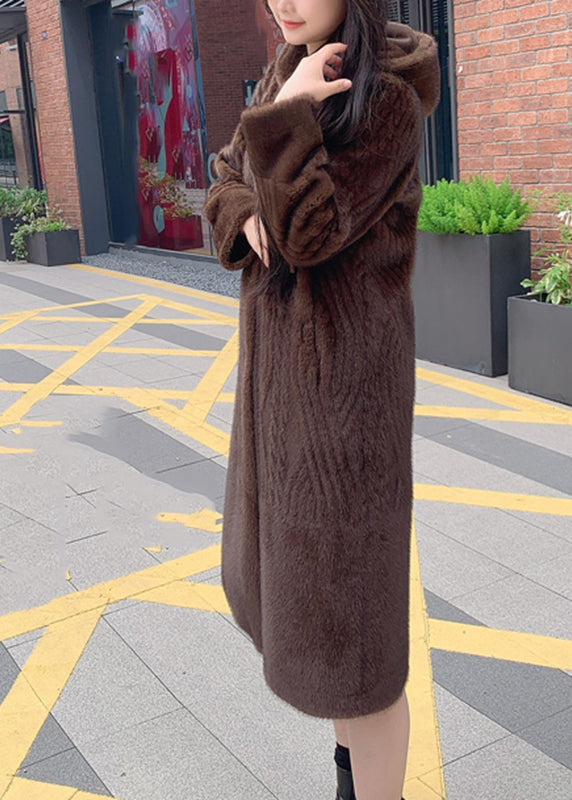 Modern Beige Patchwork Button Leather and Fur Maxi Hoodie Coat Winter