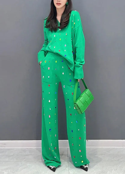 Handmade Green Zircon Pockets Patchwork Cotton Knit Two Pieces Set Fall