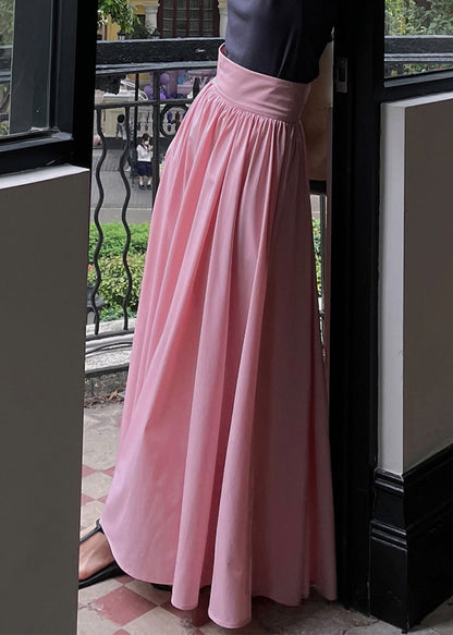 Brief Pink Wrinkled High Waist Pockets a Line Cotton Skirts Summer