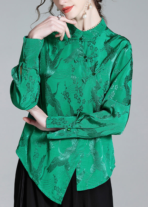 Green Stand Collar Button Jacquard Silk Shirt Spring