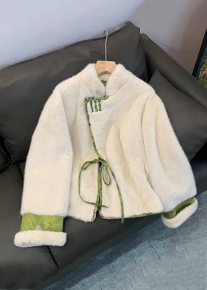 Green Patchwork Tie Waist Fuzzy Fur Fluffy Mink Velvet Coat Winter