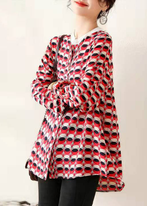 Red Stand Collar Print Chiffon Shirt Top Long Sleeve