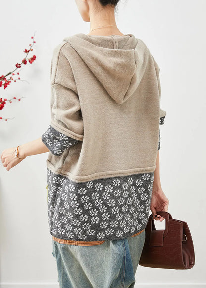 Khaki Hooded Patchwork Pockets Knit Coat Fall
