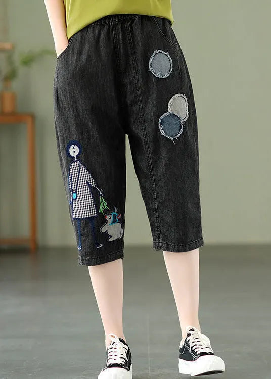 Blue Embroideried Print Elastic Waist Denim Crop Pants Summer