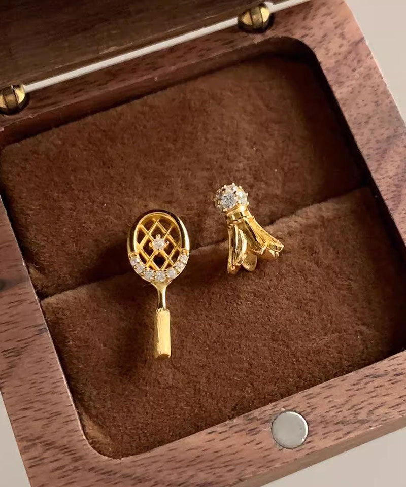 Gold Copper Alloy Zircon Asymmetrical Badminton Racket Drop Earrings