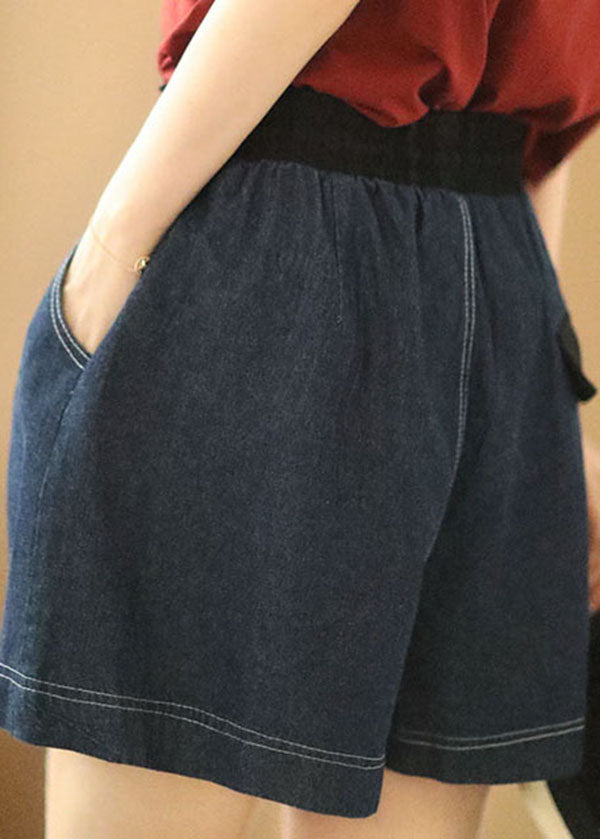 Navy Elastic Waist Drawstring Pockets Patchwork Linen Denim Shorts Summer