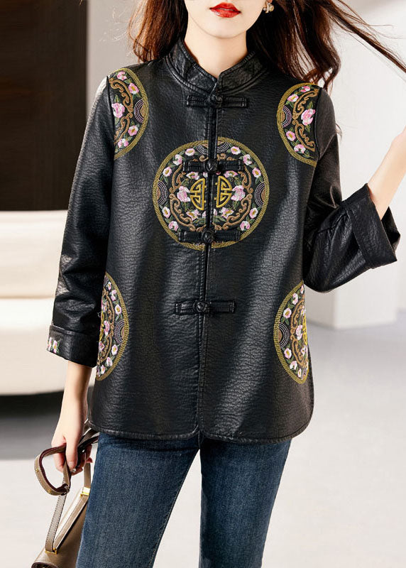 Black Stand Collar Embroideried Button Faux Leather Coats Fall