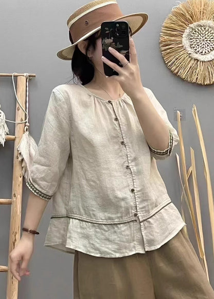 Beige O-neck Patchwork Cotton Shirt Top Summer