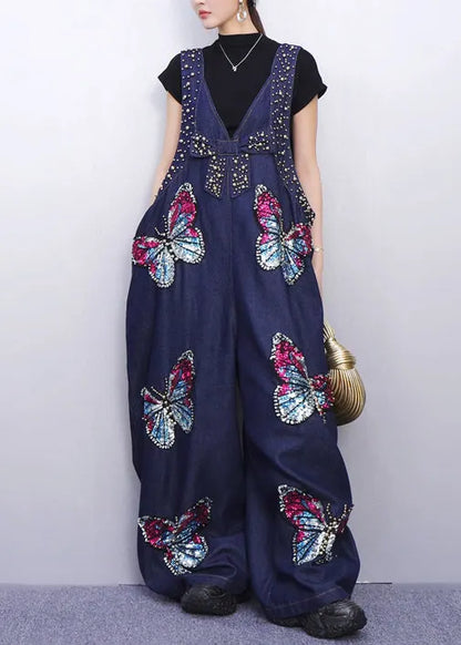 Urban Style Blue Denim Jumpsuit Sparkling Butterfly Patches