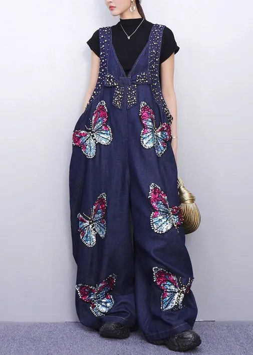 Urban Style Blue Denim Jumpsuit Sparkling Butterfly Patches