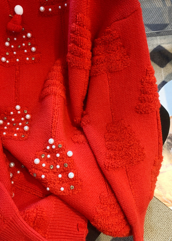 Loose Red O-neck Nail Bead Patchwork Cotton Knit Sweaters Spring