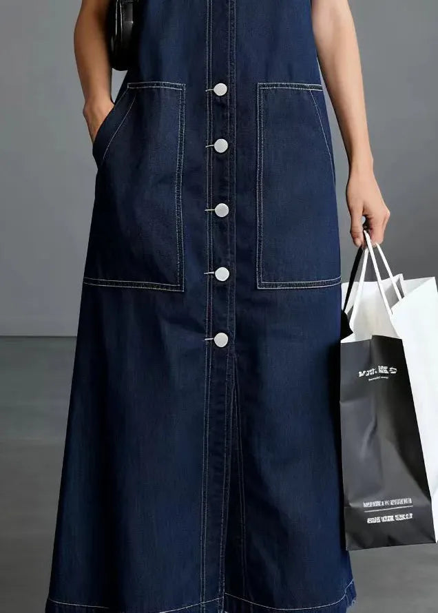 Unique Navy V Neck Side Big Pockets Denim Straight Dresses Sleeveless