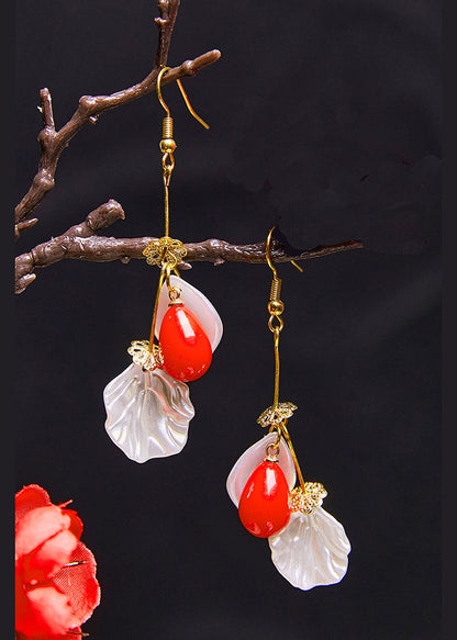 Fine Red Droplet Shape Coral and Shell Drop Earrings