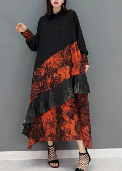 Art Red Peter Pan Collar Print Patchwork Vacation Dresses Spring