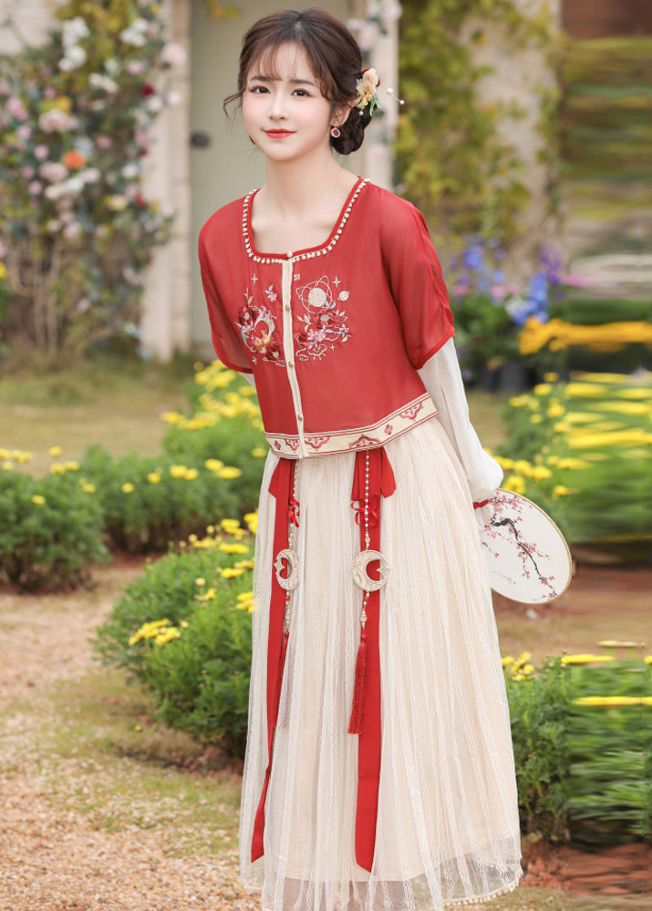 Chinese Style Red Embroideried Tops and Pleated Skirt Chiffon Two Pieces Set Long Sleeve