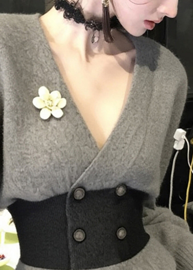 French Grey V Neck Button Patchwork Knit Coats Winter