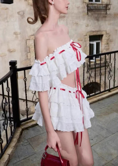 White Ruffled Lace Up Cotton Two Piece Set Summer
